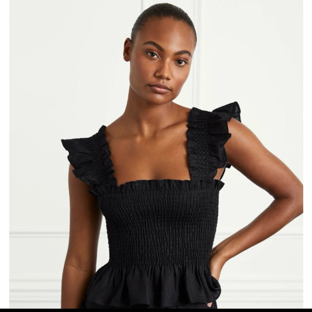 HILL HOUSE Paz Top Size Medium Black Sleeveless Smocked Linen Nap
